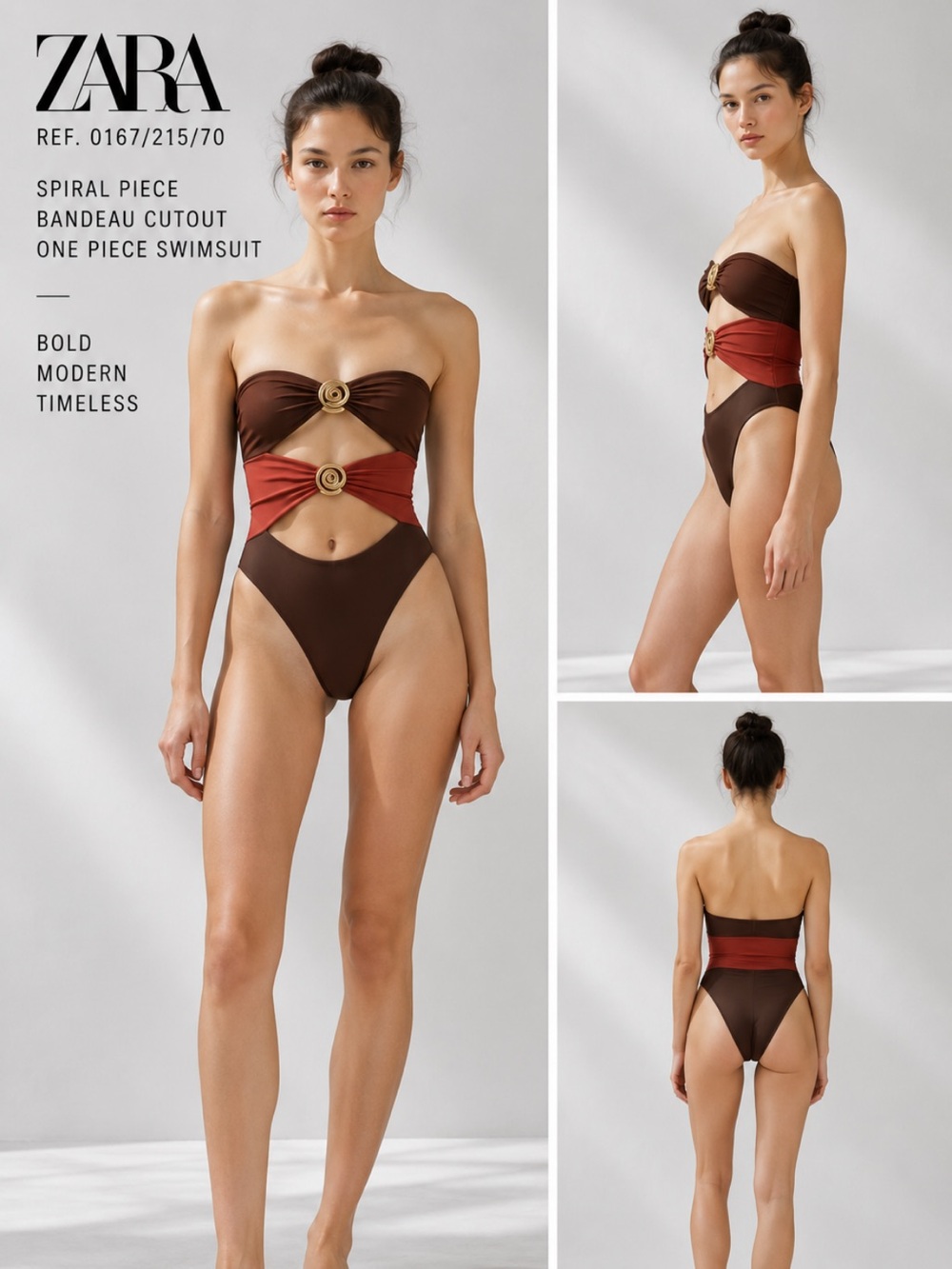 Zara Spiral Piece Bandeau Cutout One Piece Swimsuit Brown Red XS NWT 0167/215/70